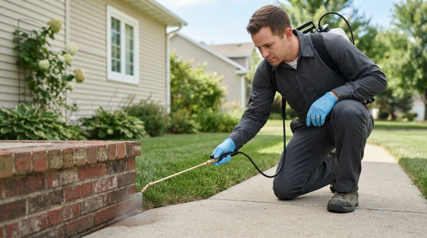 Pest control technician treating a home near Rushville, MO